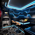 Modern KTV Interior Design With Blue LED Lighting Black Leather Sofa And Bar Counter