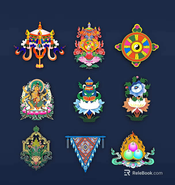 Traditional Style Colorful Wall Decor With Lotus And Geometric Patterns 3d model