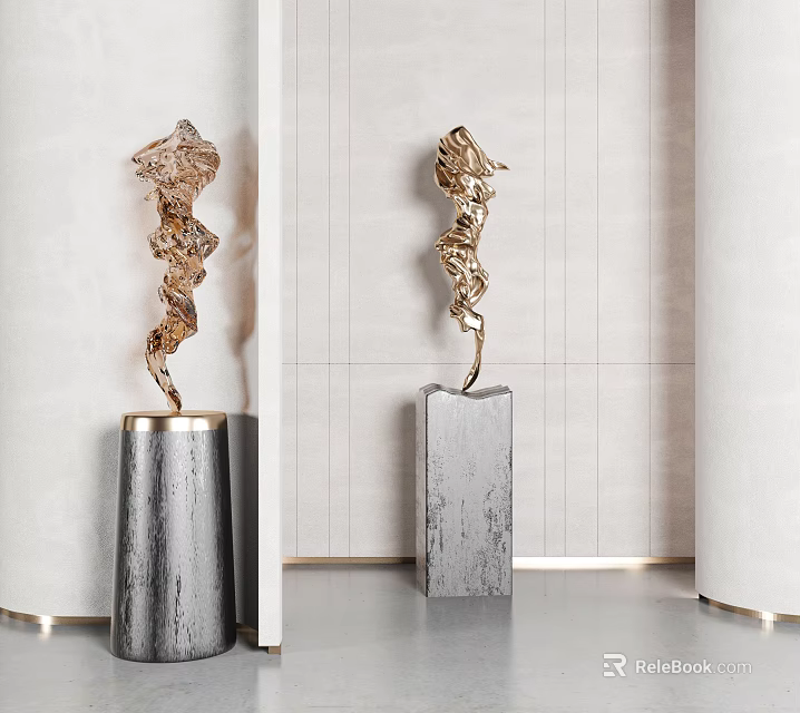 Modern Abstract Bronze Sculptures With Curved Shapes On Gray Stone Pedestals 3d model 