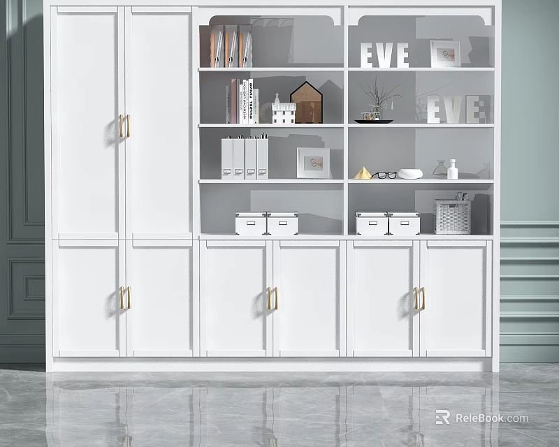 Modern White Decorative Cabinet With Gold Handles And Open Shelves For Decorative Items 3d model 