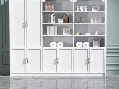 Modern White Decorative Cabinet With Gold Handles And Open Shelves For Decorative Items 3d model