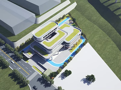 Modern School Building Architectural Design With Green Roof And Landscaped Surroundings 3d model