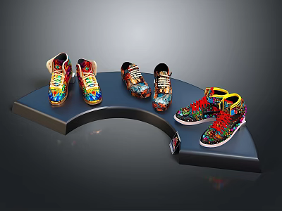 Colorful Patterned Vibrant Shoes Displayed On Curved Stand With Stylish Design 3d model