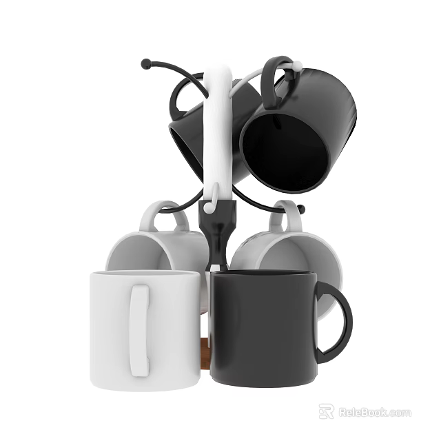 Black And White Ceramic Mugs On Modern Kitchen Cup Stand With Simple Design 3d model 