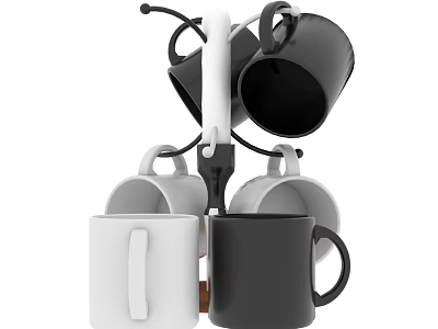 Black And White Ceramic Mugs On Modern Kitchen Cup Stand With Simple Design 3d model