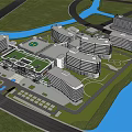 Aerial View Of Modern Large Building Complex With River Roads And Green Areas