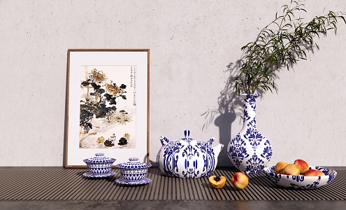 New Chinese Style Tableware and Tea Set Combination Tea Tray Tea Room Ornaments Blue and White Porcelain Tea Set Cover Bowl Tea Blue and White Porcelain Teapot Tea Cup Fruit Plate Peach 3d model