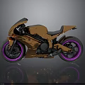 Sleek Golden Motorcycle With Purple Rimmed Wheels And Shiny Reflection