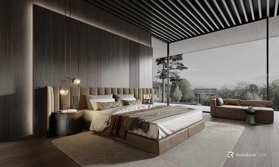 Modern Bedroom With Wooden Panel Walls King Size Bed Hanging Lights And Floor Windows 3d model 