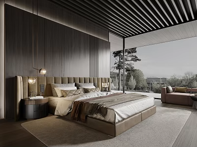 Modern Bedroom With Wooden Panel Walls King Size Bed Hanging Lights And Floor Windows 3d model