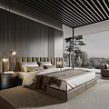 Modern Bedroom With Wooden Panel Walls King Size Bed Hanging Lights And Floor Windows