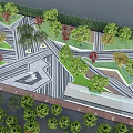 Park Landscape Design With Colorful Paved Paths Green Trees Red Seats And Blue Water Feature
