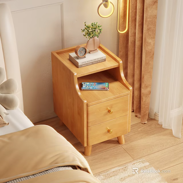 Wooden Bedside Table With Two Drawers Book Alarm Clock Vase And Mobile Phone 3d model 