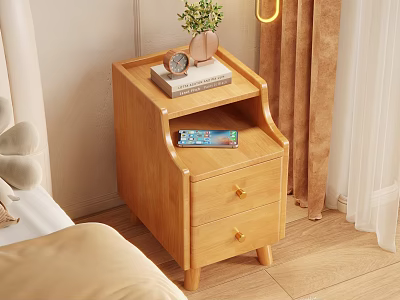 Wooden Bedside Table With Two Drawers Book Alarm Clock Vase And Mobile Phone 3d model