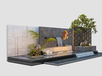 Modern Landscape Feature Wall With Stone Panels Flowing Water Circular Decor And Green Plants 3d model