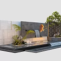 Modern Landscape Feature Wall With Stone Panels Flowing Water Circular Decor And Green Plants