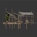 Outdoor Camping Scene With Canvas Tents Wooden Frames Crates And Green Plants