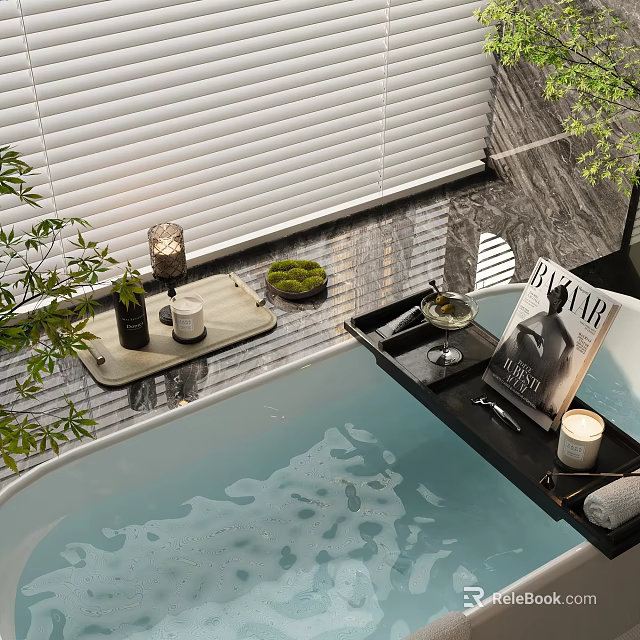 Modern Bathroom Set With Bathtub Tray Candles Green Plants And Blinds 3d model 