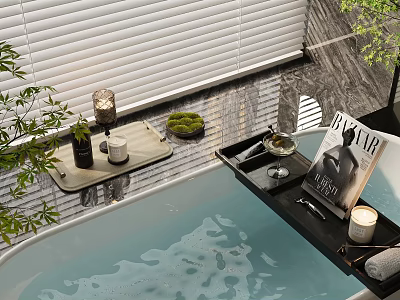 Modern Bathroom Set With Bathtub Tray Candles Green Plants And Blinds 3d model