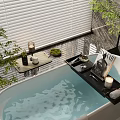 Modern Bathroom Set With Bathtub Tray Candles Green Plants And Blinds