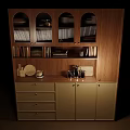 Stylish Wooden Sideboard with Glass Doors Beige Cabinets Drawers Tabletop Tea Set and Plates
