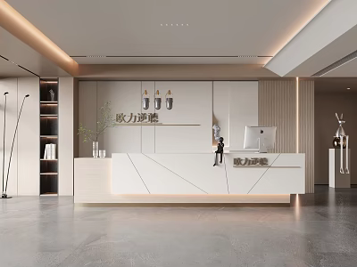 Modern Elegant Reception Desk Interior with White Counter Lighting and Wooden Accents 3d model