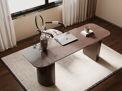 Modern Wooden Desk with Laptop Mirror Lamp Cup And Vase On Area Rug 3d model