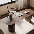 Modern Wooden Desk with Laptop Mirror Lamp Cup And Vase On Area Rug