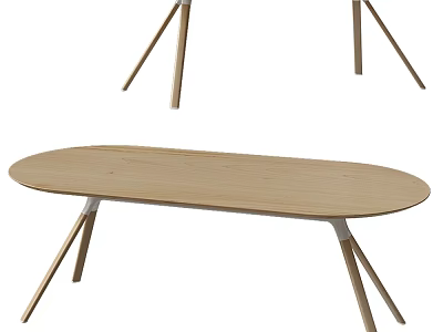 Modern Wooden Oval Dining Table With Three Tapered Legs And Smooth Surface Design 3d model