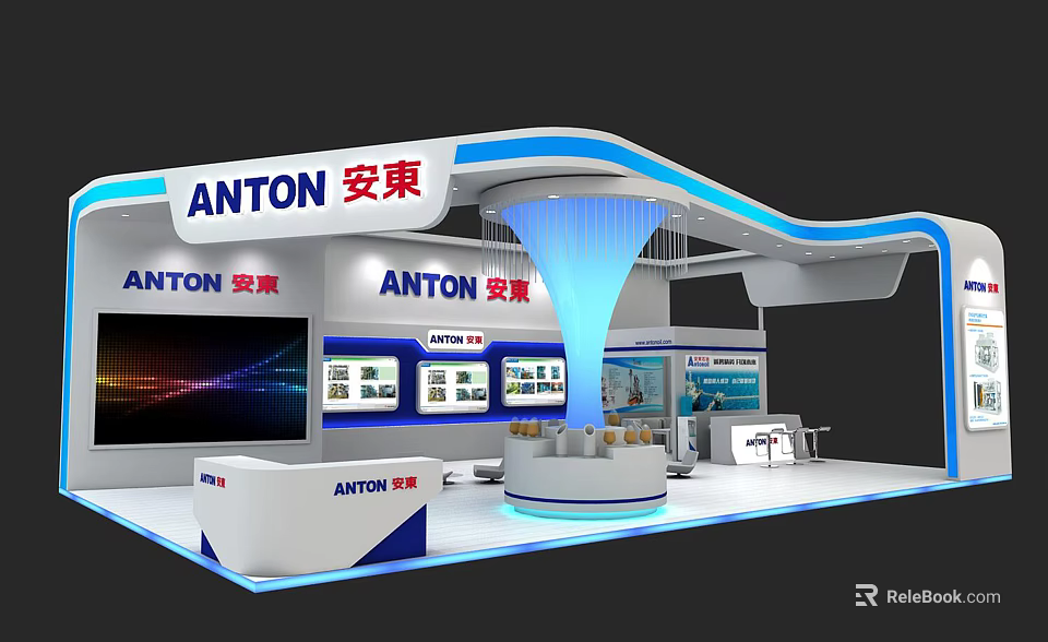 Anton Exhibition Booth Modern Design With Blue Lighting Display Screens And Reception Desk 3d model 