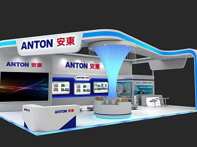 Anton Exhibition Booth Modern Design With Blue Lighting Display Screens And Reception Desk 3d model