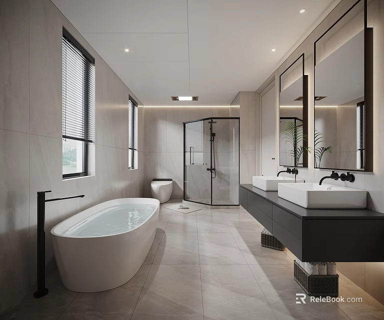 Modern Bathroom Interior Design With Freestanding Bathtub Glass Shower Enclosure Double Sinks And Large Mirrors 3d model 