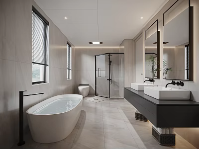 Modern Bathroom Interior Design With Freestanding Bathtub Glass Shower Enclosure Double Sinks And Large Mirrors 3d model