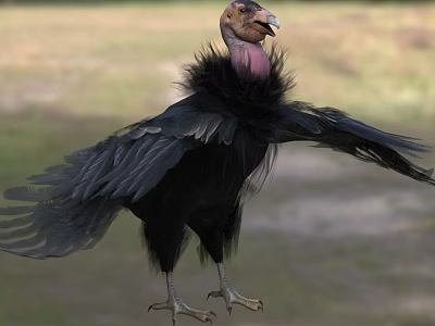 Large Vulture With Black Feathers Spreading Wings In Natural Grassland Habitat 3d model