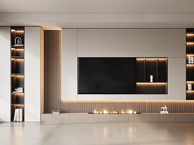 Modern TV Wall Design With Wooden Slats Recessed Lighting Fireplace Accents And Shelves 3d model