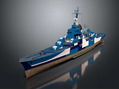 3D Rendered Blue and White Warship Featuring Turret and Reflection on Gray Background 3d model