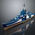 3D Rendered Blue and White Warship Featuring Turret and Reflection on Gray Background