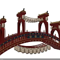 Chinese Style Stage With Red Decorative Bridge And Hanging Lanterns