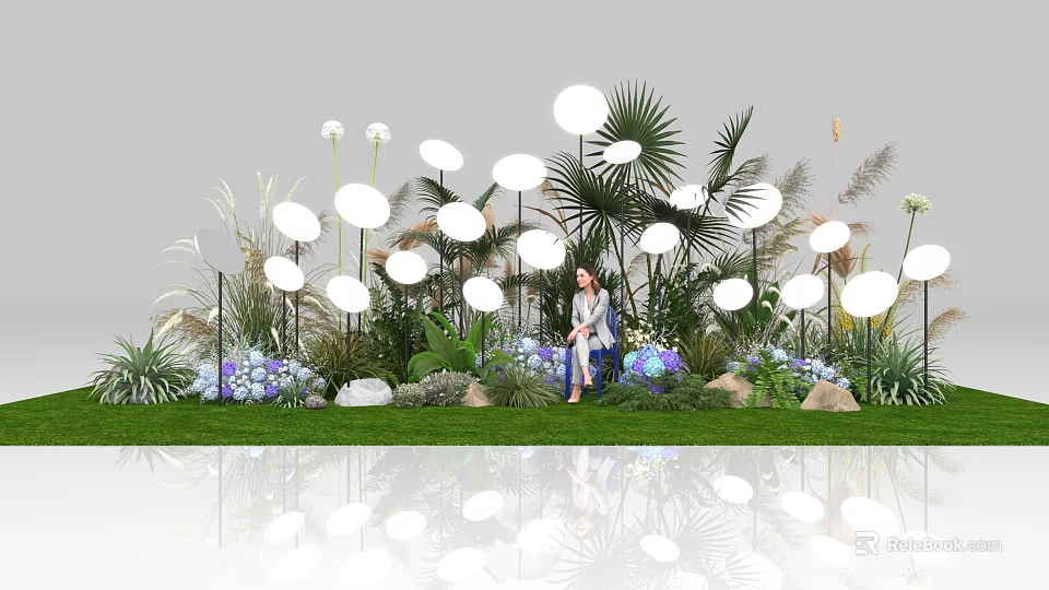Instagrammable Outdoor Check-in Spot with White Round Decor Palm Leaves and Reflective Grass Area 3d model 