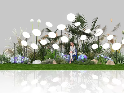 Instagrammable Outdoor Check-in Spot with White Round Decor Palm Leaves and Reflective Grass Area 3d model