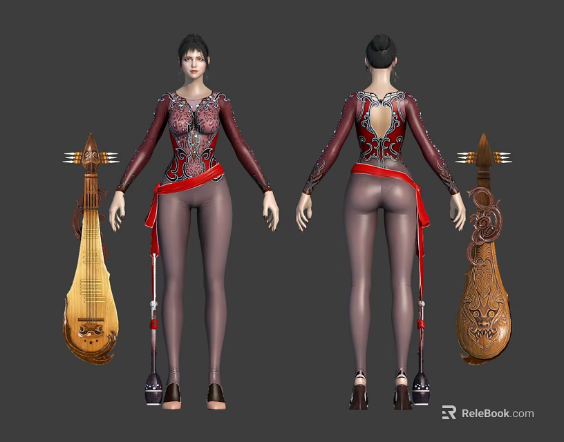 Female Character In Red Ornate Outfit With Mythical Creature Companion In Fantasy World 3d model 