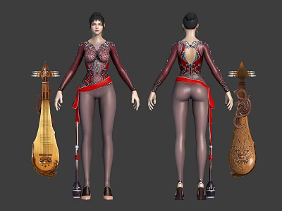Female Character In Red Ornate Outfit With Mythical Creature Companion In Fantasy World 3d model