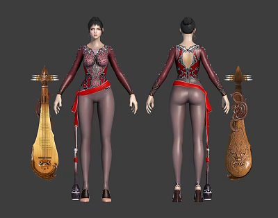 Female Character In Red Ornate Outfit With Mythical Creature Companion In Fantasy World 3d model