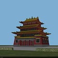 Ancient Chinese Multi Story Architecture Red Walls Yellow Roof Overhanging Eaves Green Lawn Blue Sky