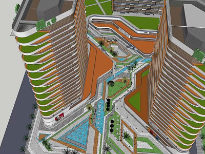 Commercial Complex Design With High Rise Buildings Green Landscapes And Water Features 3d model