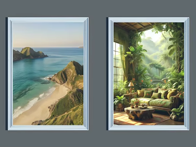 Two Framed Wall Artworks With Beach Landscape And Indoor Greenery Scene 3d model