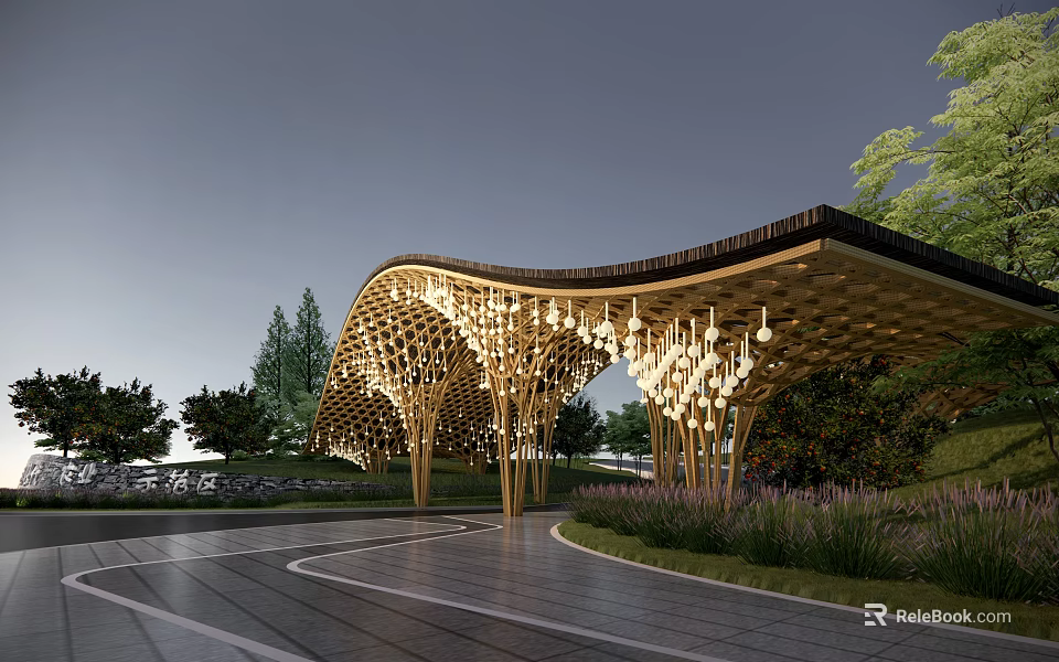 Modern Entrance Gate With Curved Wooden Roof And Hanging Lights Surrounded By Green Plants And Trees 3d model 