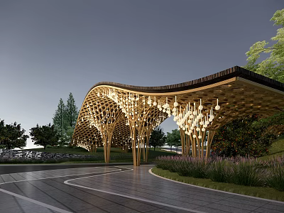 Modern Entrance Gate With Curved Wooden Roof And Hanging Lights Surrounded By Green Plants And Trees 3d model