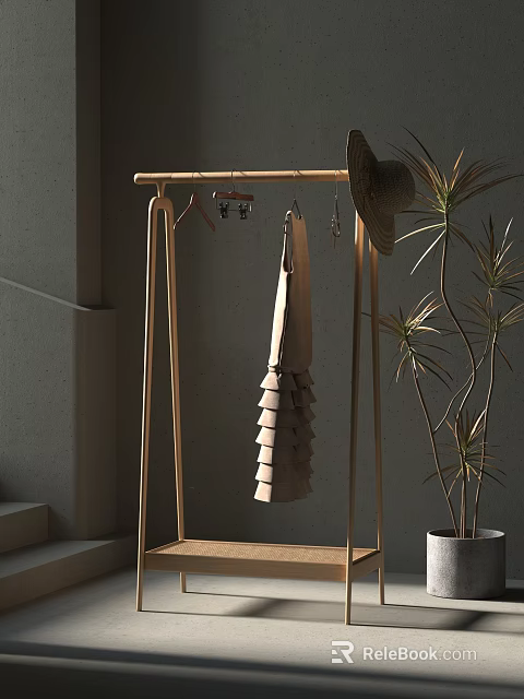 Wooden Clothes Rack With Hanging Clothes Hat And Accessories Near Indoor Plant 3d model 