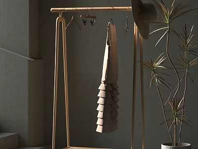 Wooden Clothes Rack With Hanging Clothes Hat And Accessories Near Indoor Plant 3d model